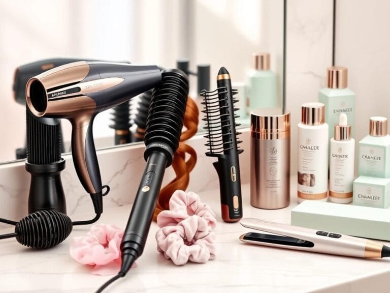 Flick International A serene vanity scene featuring sleek hair tools including a futuristic hair dryer, multi-styler, curling iron, and flat iron on a marble countertop.