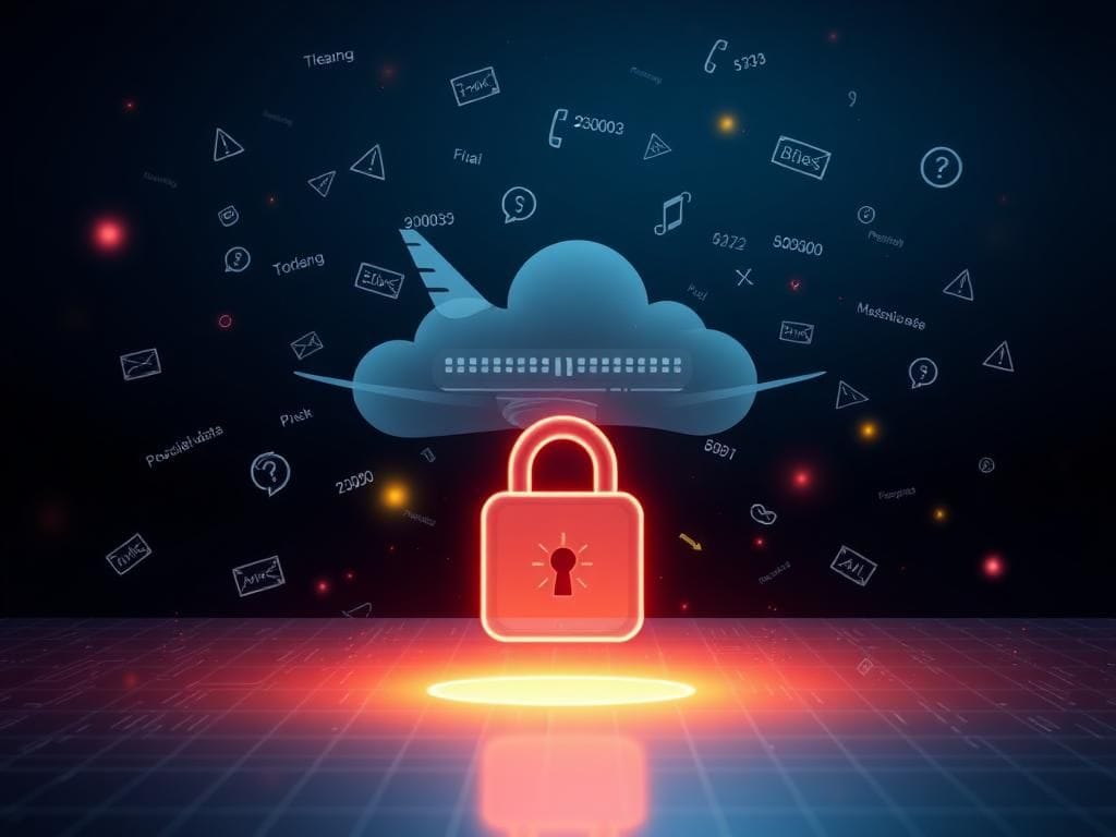 Flick International Abstract digital art depicting an airline customer service platform engulfed in data clouds