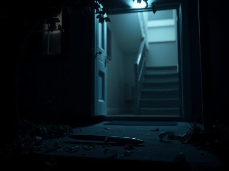 Flick International Eerie night scene of a rental house with an ajar door and knife sheath on the porch
