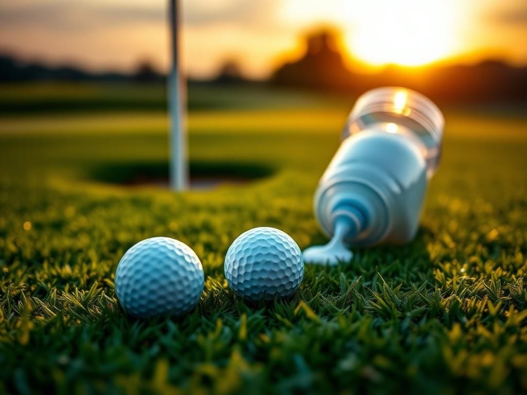 Flick International Close-up of a golf course green with three golf balls and a creatine water bottle symbolizing Ben Griffin's struggles