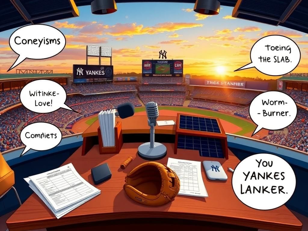 Flick International Illustration of a baseball broadcast booth with iconic baseball elements