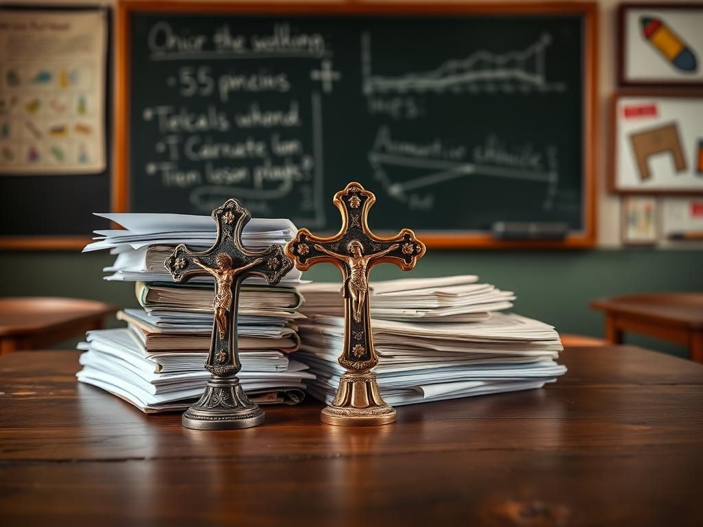 Flick International A close-up of a wooden classroom desk with a crucifix and textbooks, showcasing religious expression in education.