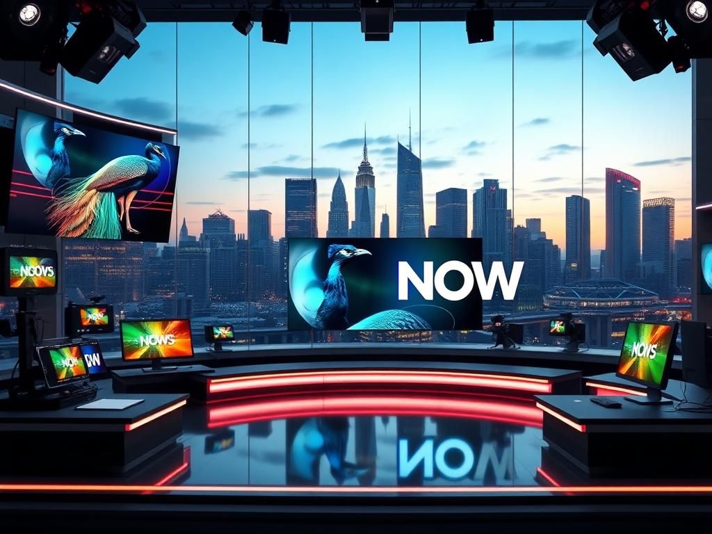 Flick International Conceptual media studio with modern equipment and dynamic news graphics symbolizing MSNBC's rebranding to MS NOW.