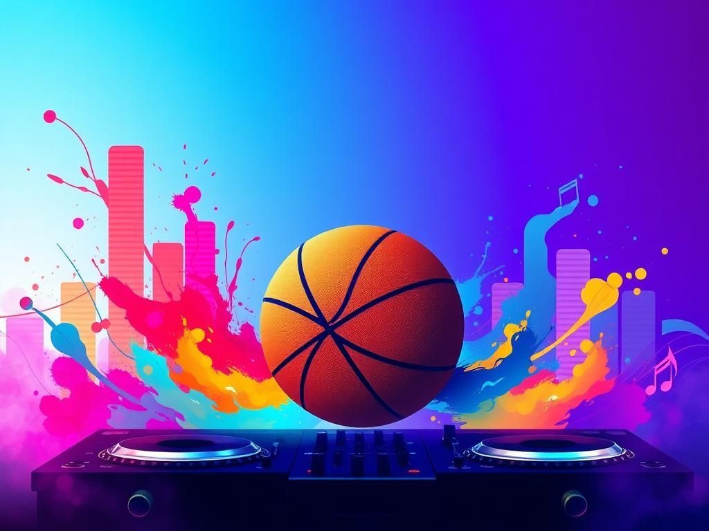 Flick International Abstract depiction of a vibrant electronic music scene with a stylized basketball symbolizing the fusion of music and sports.