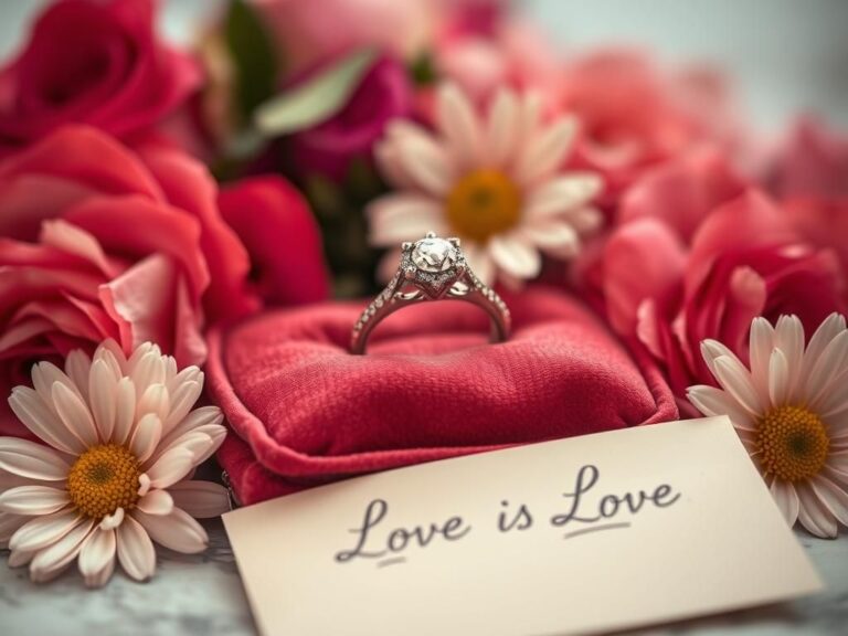 Flick International Close-up of an intricately designed engagement ring on a velvet cushion surrounded by vibrant flowers.