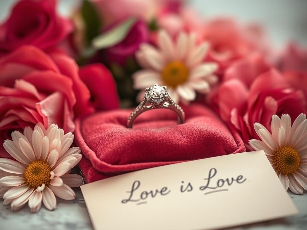 Flick International Close-up of an intricately designed engagement ring on a velvet cushion surrounded by vibrant flowers.