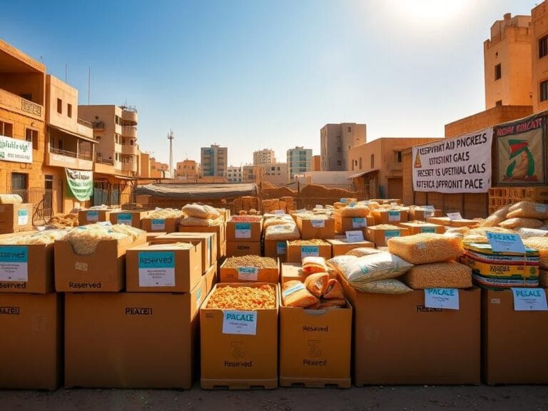 Flick International Humanitarian aid distribution site in Gaza with neatly arranged food parcels
