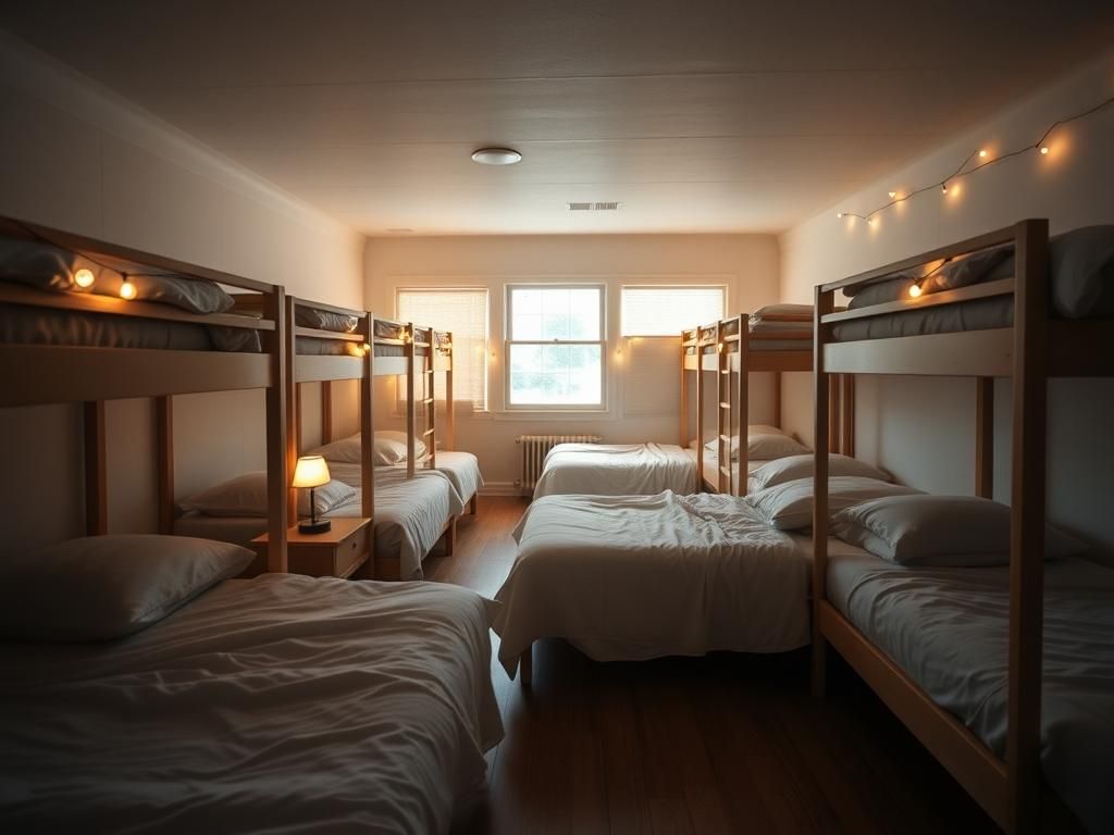 Flick International Cozy sorority cold room with bunk beds and fairy lights