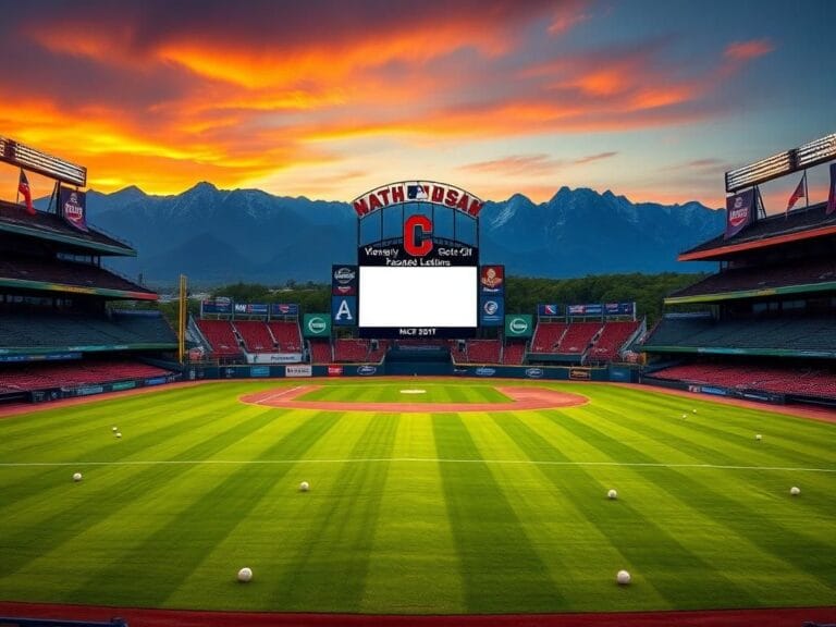 Flick International A vibrant baseball stadium at sunset with a lush green field and mountain ranges in the background.