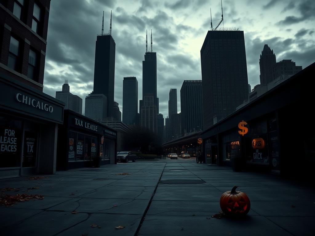 Flick International Dark city skyline of Chicago at twilight with ominous clouds and silhouettes of iconic buildings
