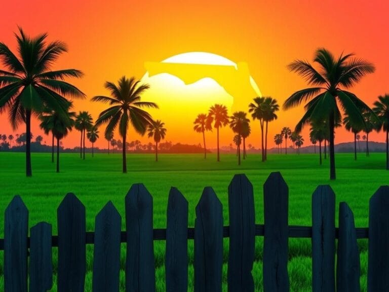 Flick International Sunset over a Florida landscape with palm trees and a wooden fence
