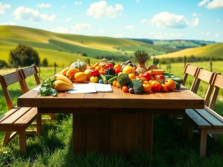 Flick International Outdoor setting with a large wooden table filled with fresh organic fruits and vegetables, symbolizing collaboration and hope.
