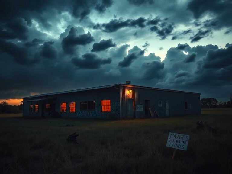 Flick International Abandoned warehouse at dusk symbolizing unrest and tension
