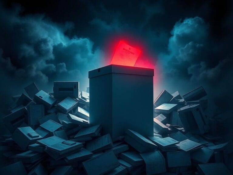 Flick International A dramatic image of a ballot box amidst discarded mail-in ballots and voting machines