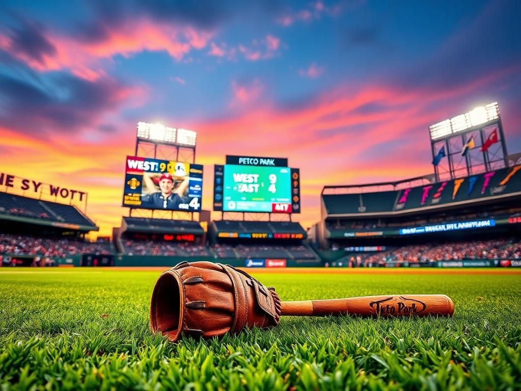 Flick International Dynamic baseball action at Petco Park during the All-American Classic game with the scoreboard showing West 9 - East 4.