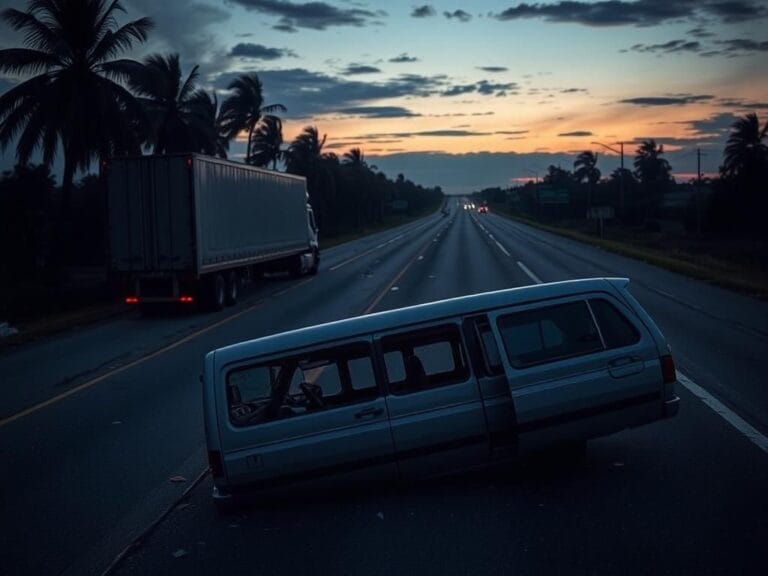 Flick International A semi-truck involved in a tragic highway accident on the Florida Turnpike with an overturned minivan in the foreground