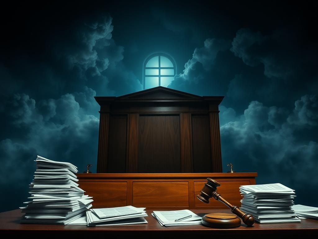 Flick International A dramatic courtroom scene with a large empty judge's bench surrounded by legal documents and climate reports