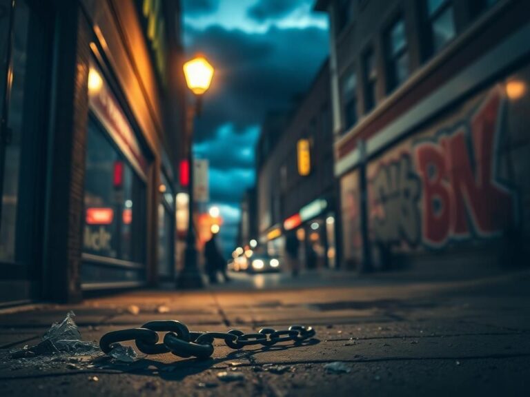 Flick International Dimly lit alley in downtown Cincinnati with shattered glass and a discarded chain symbolizing violence