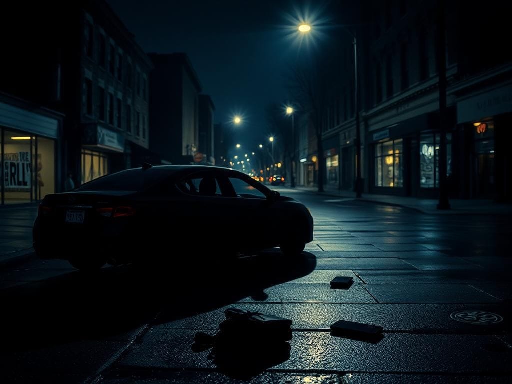 Flick International Dark urban street scene in Chicago's South Side illuminated by streetlights, showing the aftermath of a robbery.