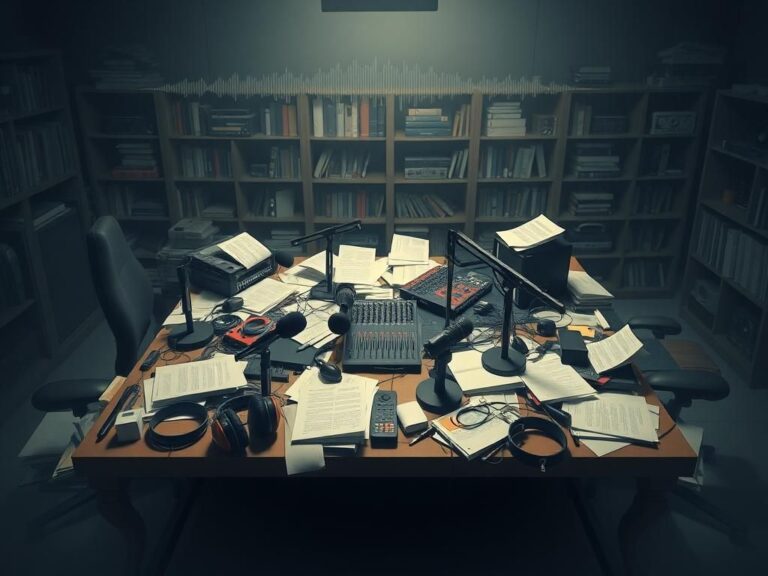 Flick International A cluttered table showcasing podcasting equipment amidst notes, representing the chaotic nature of the podcast industry.