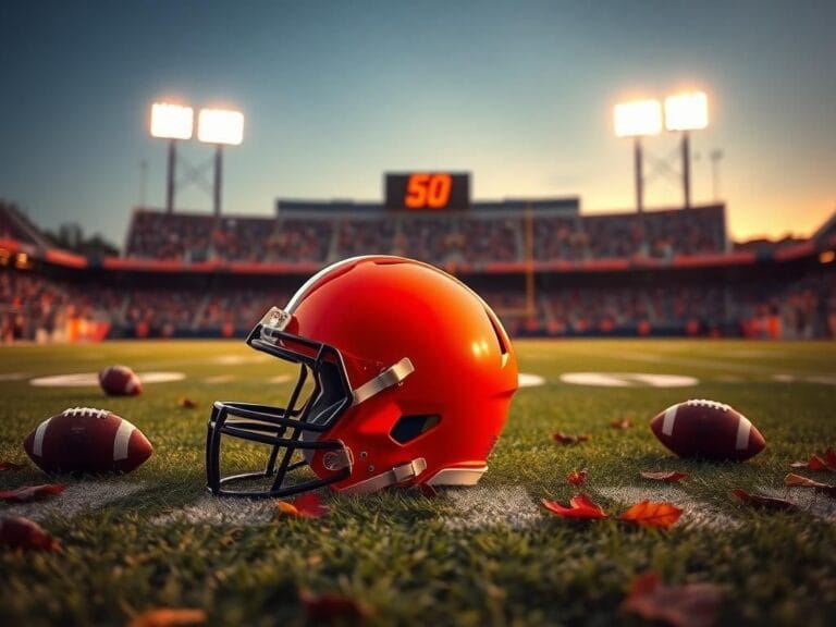 Flick International Cleveland Browns helmet on football field at dusk