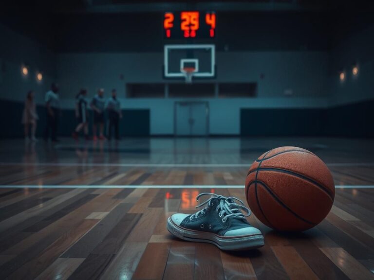 Flick International A pair of empty sneakers on a basketball court symbolizing Sophie Cunningham's injury