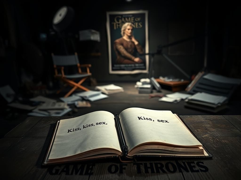 Flick International Dimly lit film set with an empty script on a wooden table depicting a romantic scene