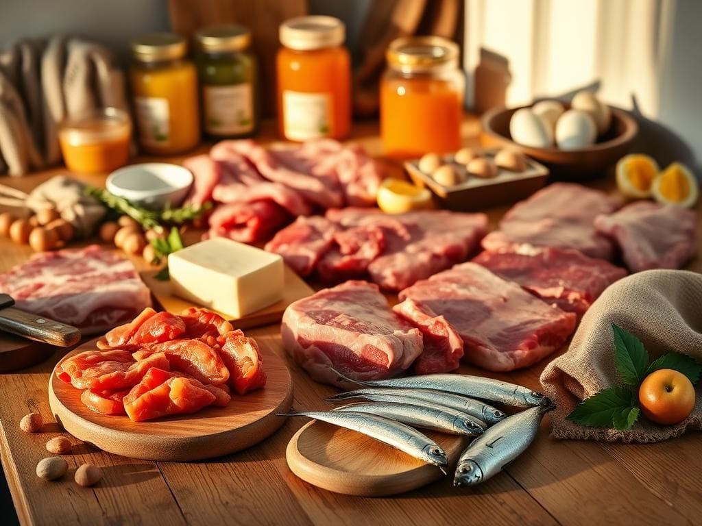 Flick International Cozy kitchen table featuring colorful raw meat products and creamy butter representing the 'carnivore baby' diet trend