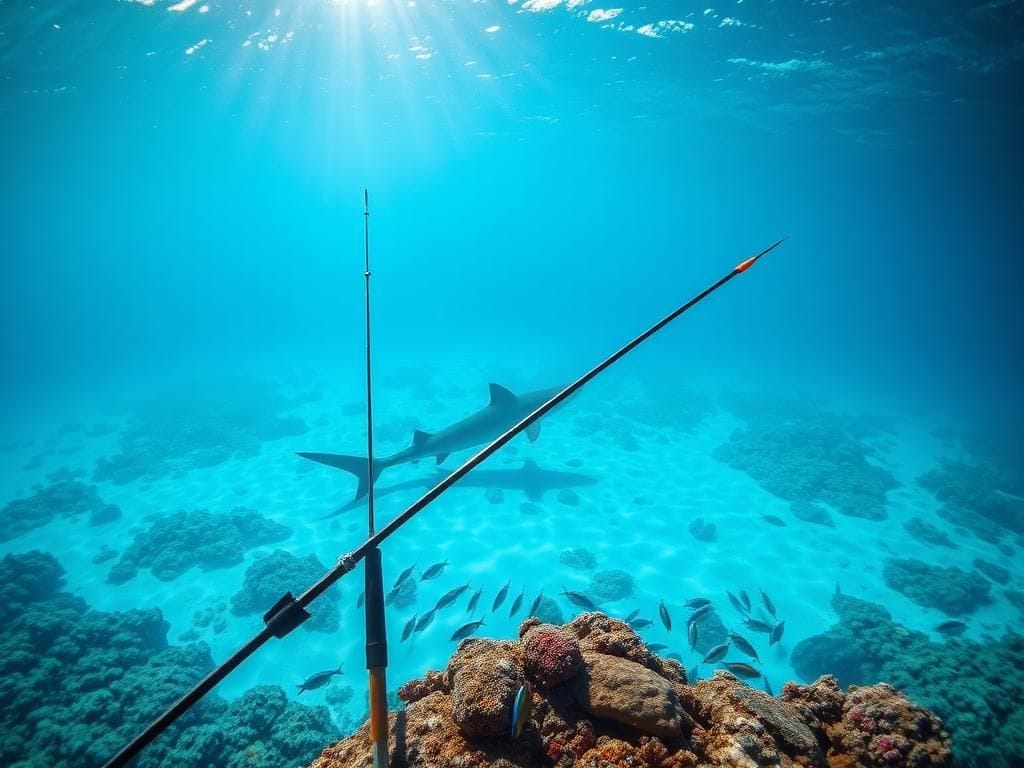 Flick International Underwater scene in the Bahamas with a shark lurking near a vibrant coral reef