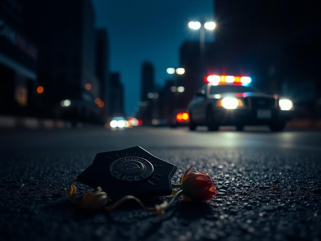 Flick International Dark urban street scene illuminated by flashing police lights with a discarded badge and wilted flower