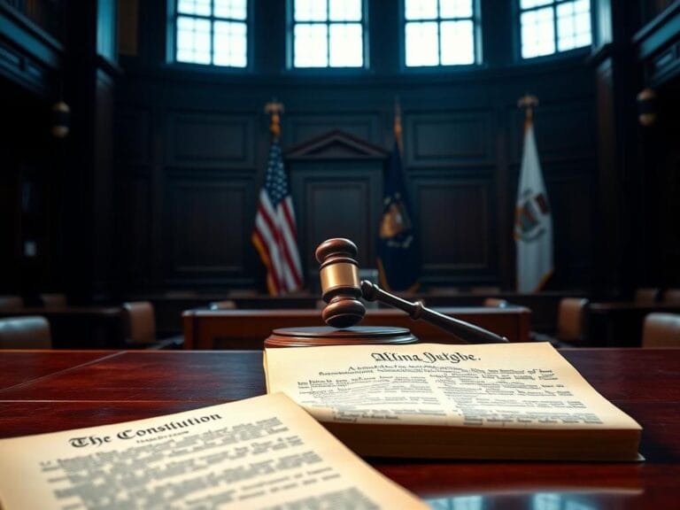 Flick International A large judge's gavel on a polished wooden bench with American and New Jersey flags in the background