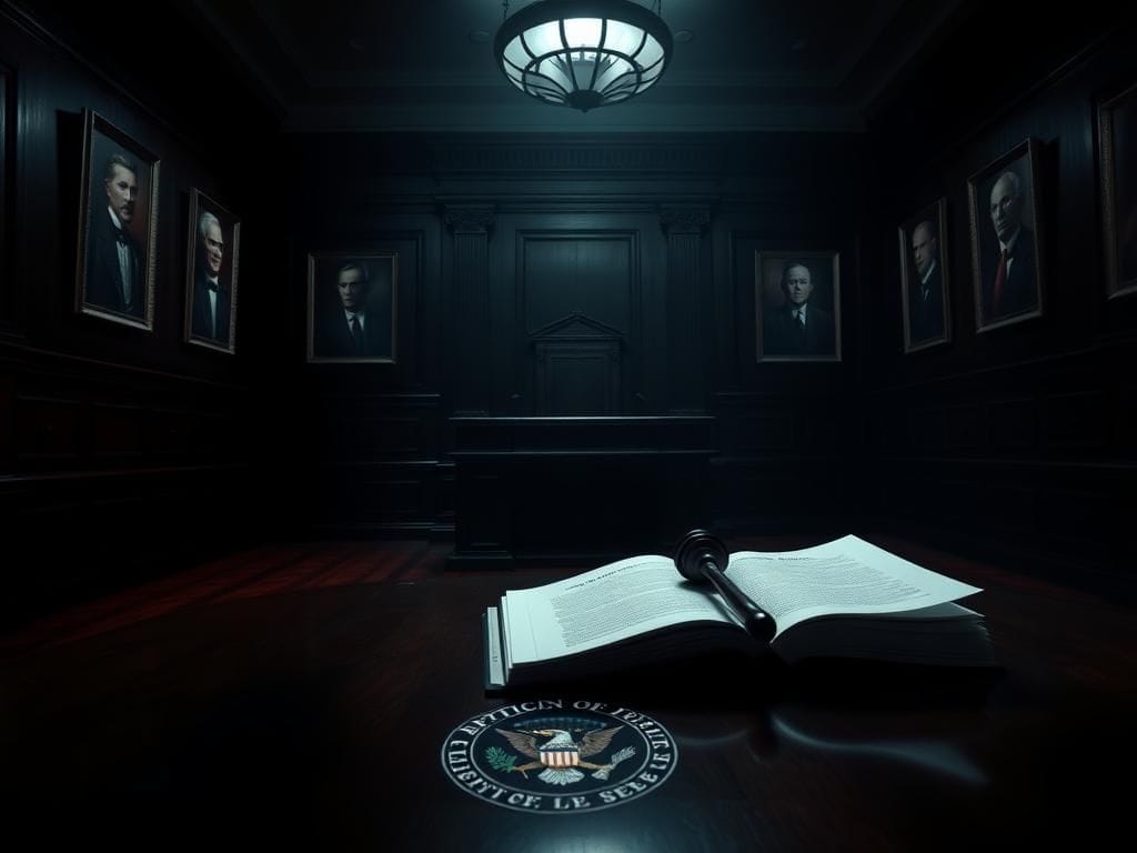 Flick International Dark courtroom interior with an empty witness stand and documents on the table