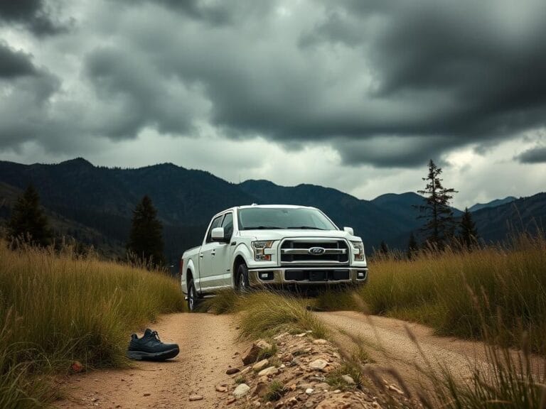 Flick International Abandoned white Ford F-150 truck on a dirt road near Anaconda, Montana