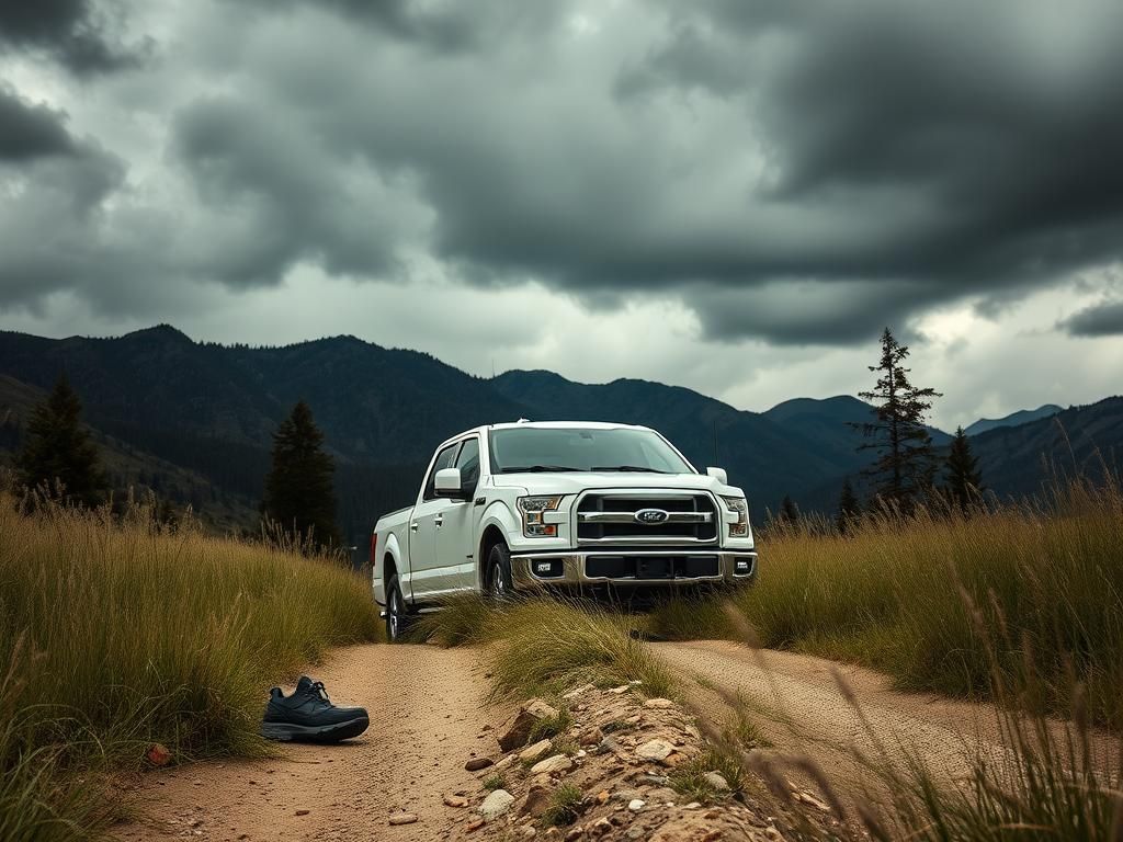 Flick International Abandoned white Ford F-150 truck on a dirt road near Anaconda, Montana