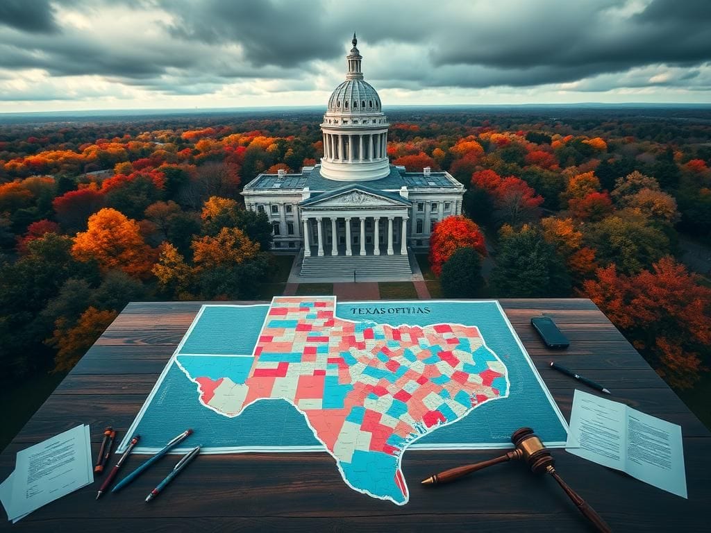 Flick International Aerial view of Texas State Capitol surrounded by autumn colors, with a map showcasing redistricting districts