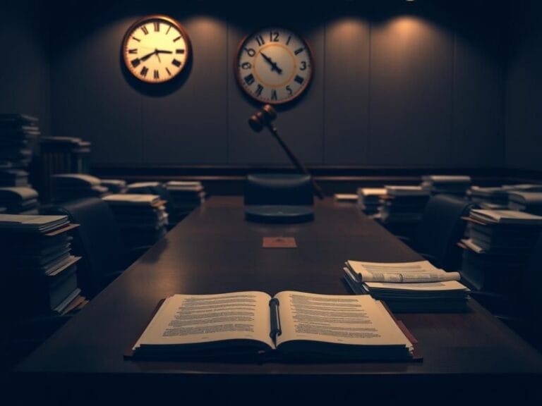 Flick International Dimly lit conference room with stacks of legal documents and redacted files related to Jeffrey Epstein