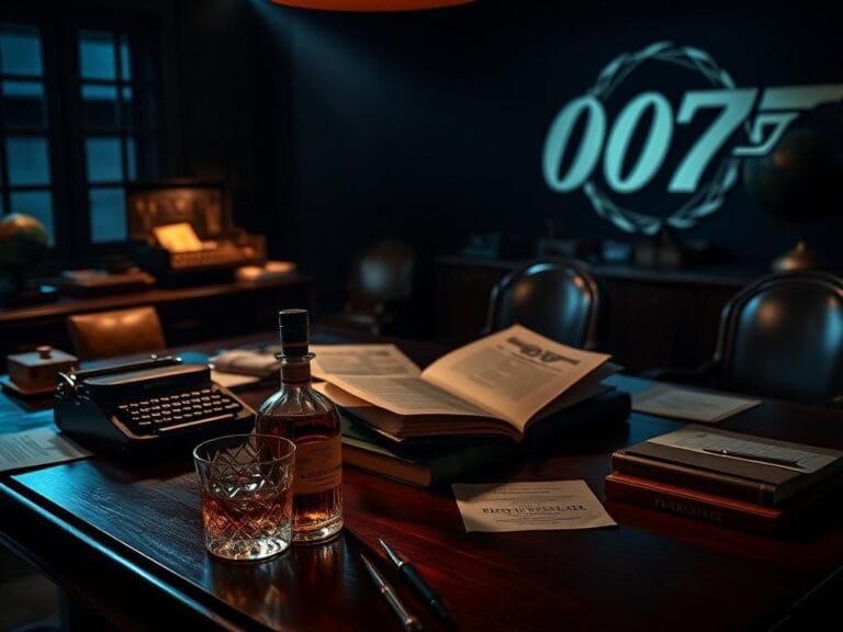 Flick International Dimly lit spy office with vintage decor and a dossier featuring the 007 logo