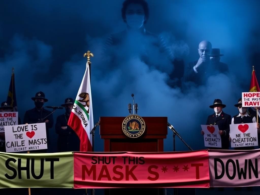 Flick International Shadowy, masked figures at a California government press conference with a large podium and state flag