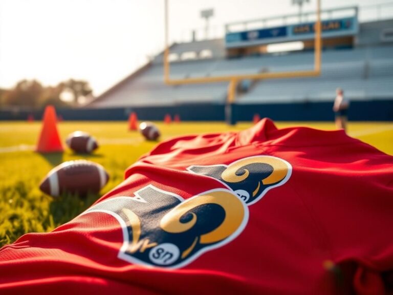 Flick International Close-up of a Los Angeles Rams practice jersey on a sunlit field