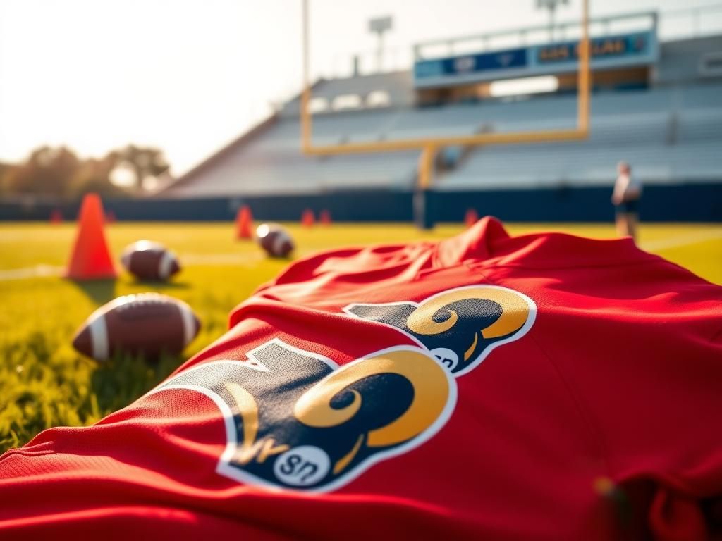 Flick International Close-up of a Los Angeles Rams practice jersey on a sunlit field