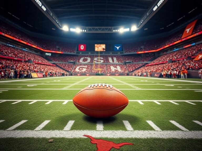 Flick International Pristine football on the 50-yard line in a vibrant stadium atmosphere during the Ohio State vs. Texas game