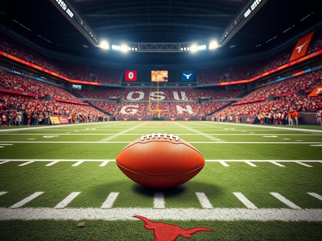 Flick International Pristine football on the 50-yard line in a vibrant stadium atmosphere during the Ohio State vs. Texas game