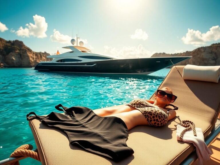 Flick International Luxurious yacht anchored off the coast of Spain with swimwear laid out
