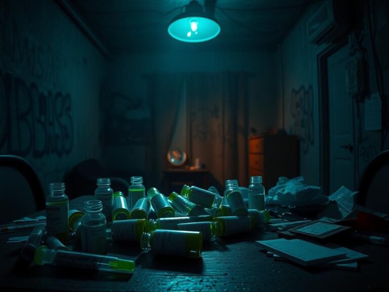 Flick International Abstract depiction of a drug stash house with medical vials and dim lighting