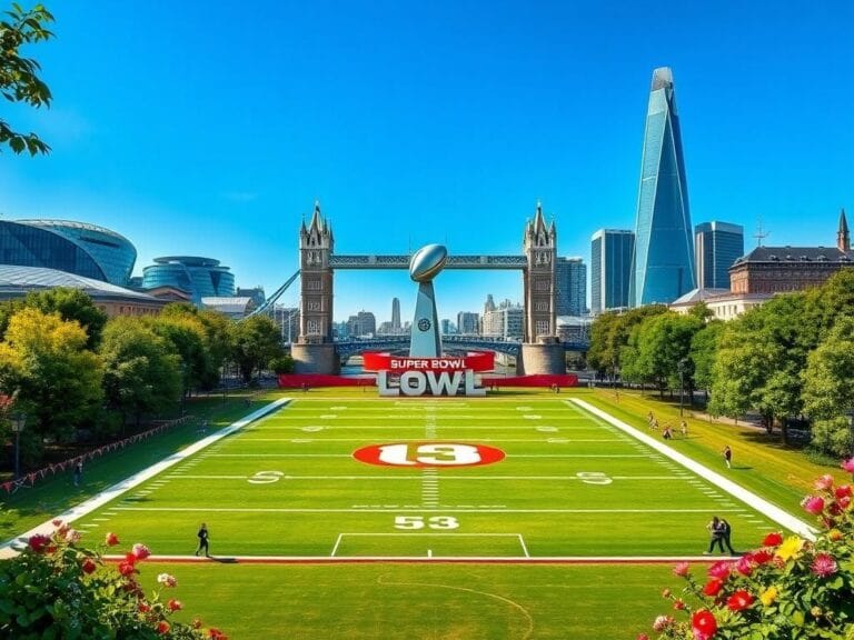 Flick International Aerial view of London's iconic landmarks with an American football field set up for the Super Bowl event.