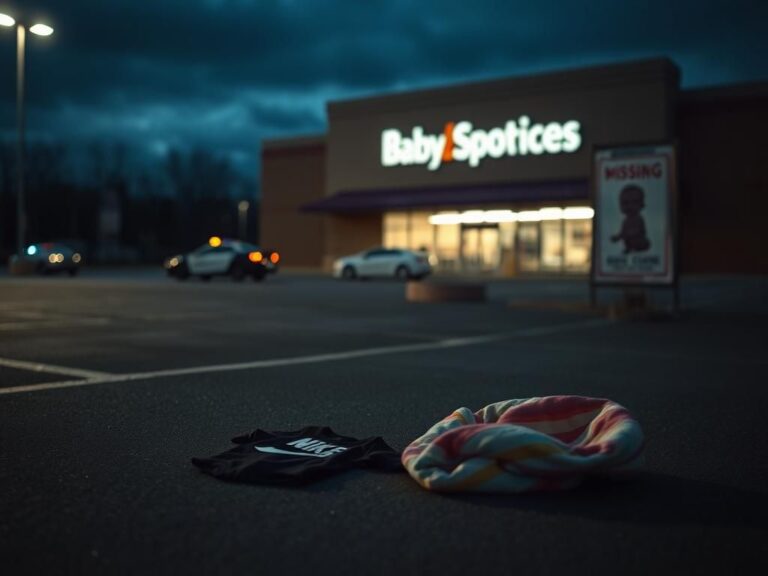 Flick International Abandoned baby items on a dimly lit parking lot at dusk