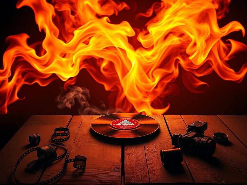 Flick International Abstract depiction of fire symbolizing intensity and danger, with swirling orange and red flames against a dark background