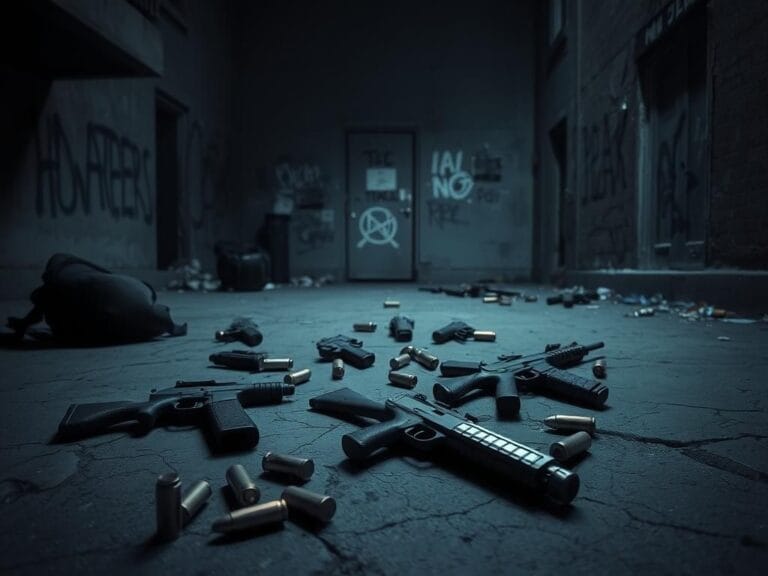 Flick International Aftermath of a police raid in a Denver apartment complex, featuring firearms and gang symbols