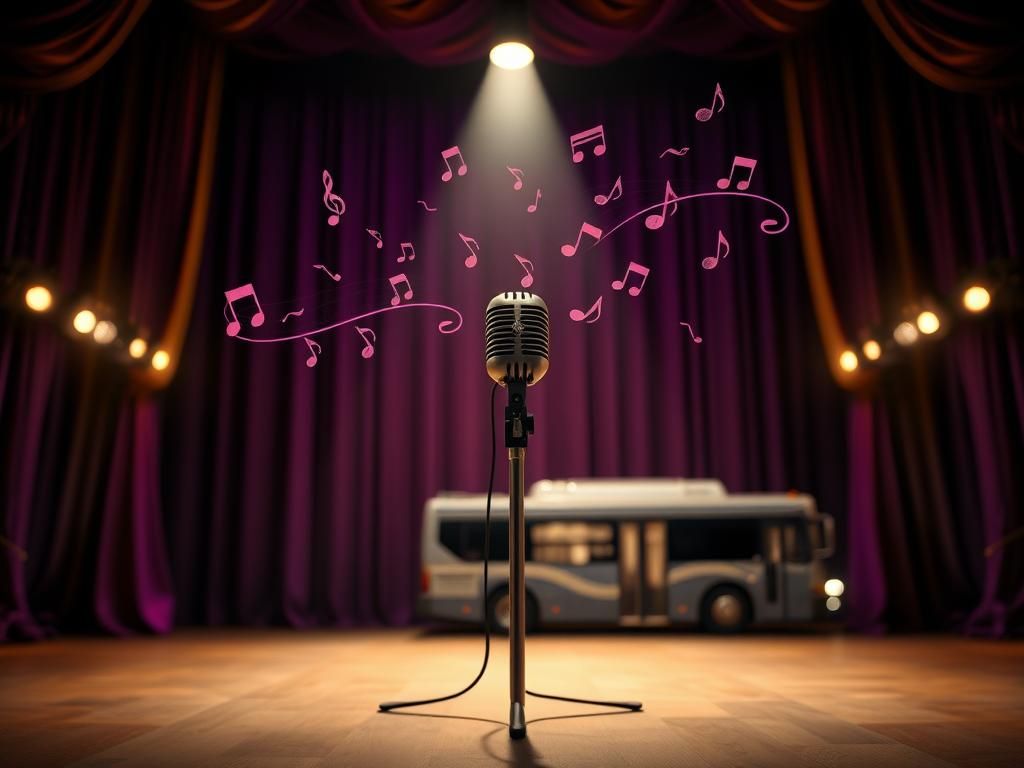 Flick International Elegant microphone on stage with vibrant musical notes in the air