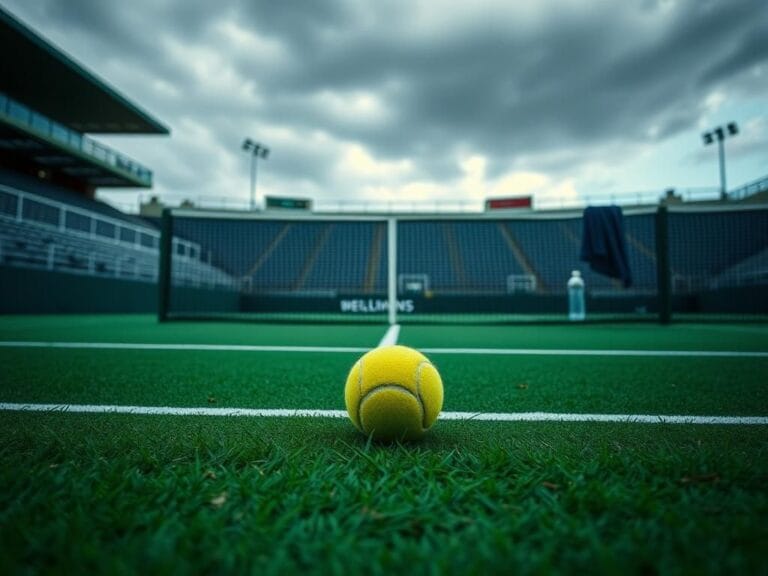 Flick International Empty tennis court with a solitary tennis ball resting against the net